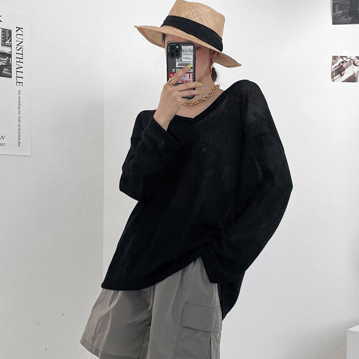 Vネック ニットリネン ロンT