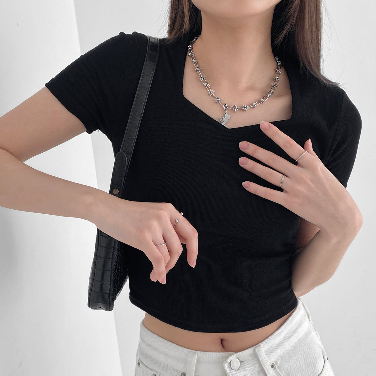 クロップ丈 スパンTシャツ