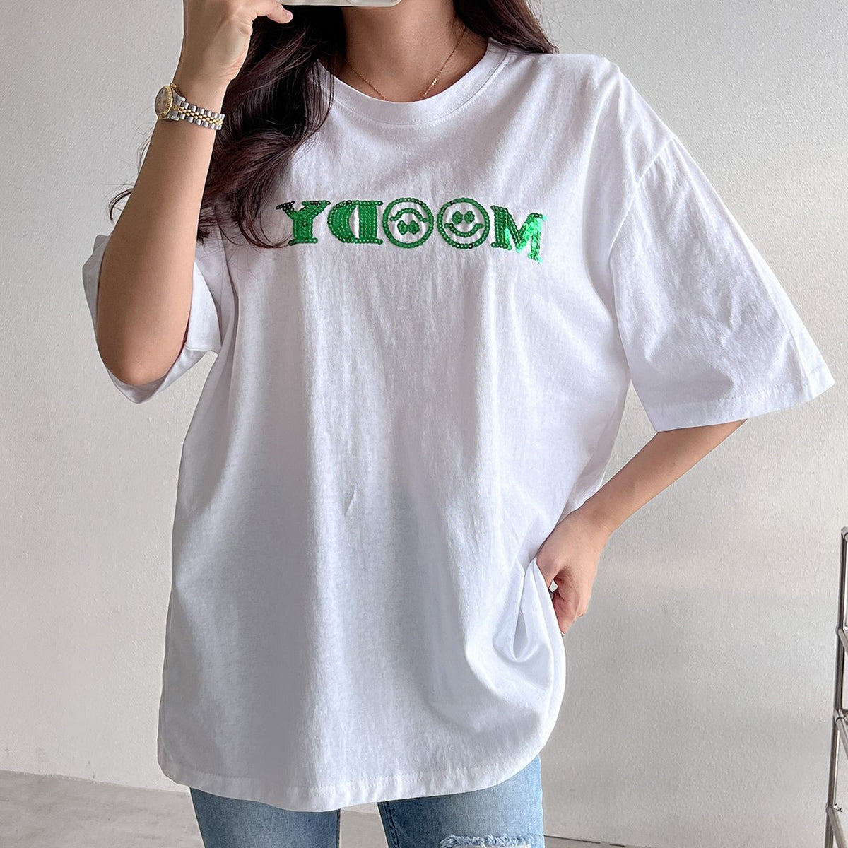 Tシャツ スマイル MOODY スパンコール