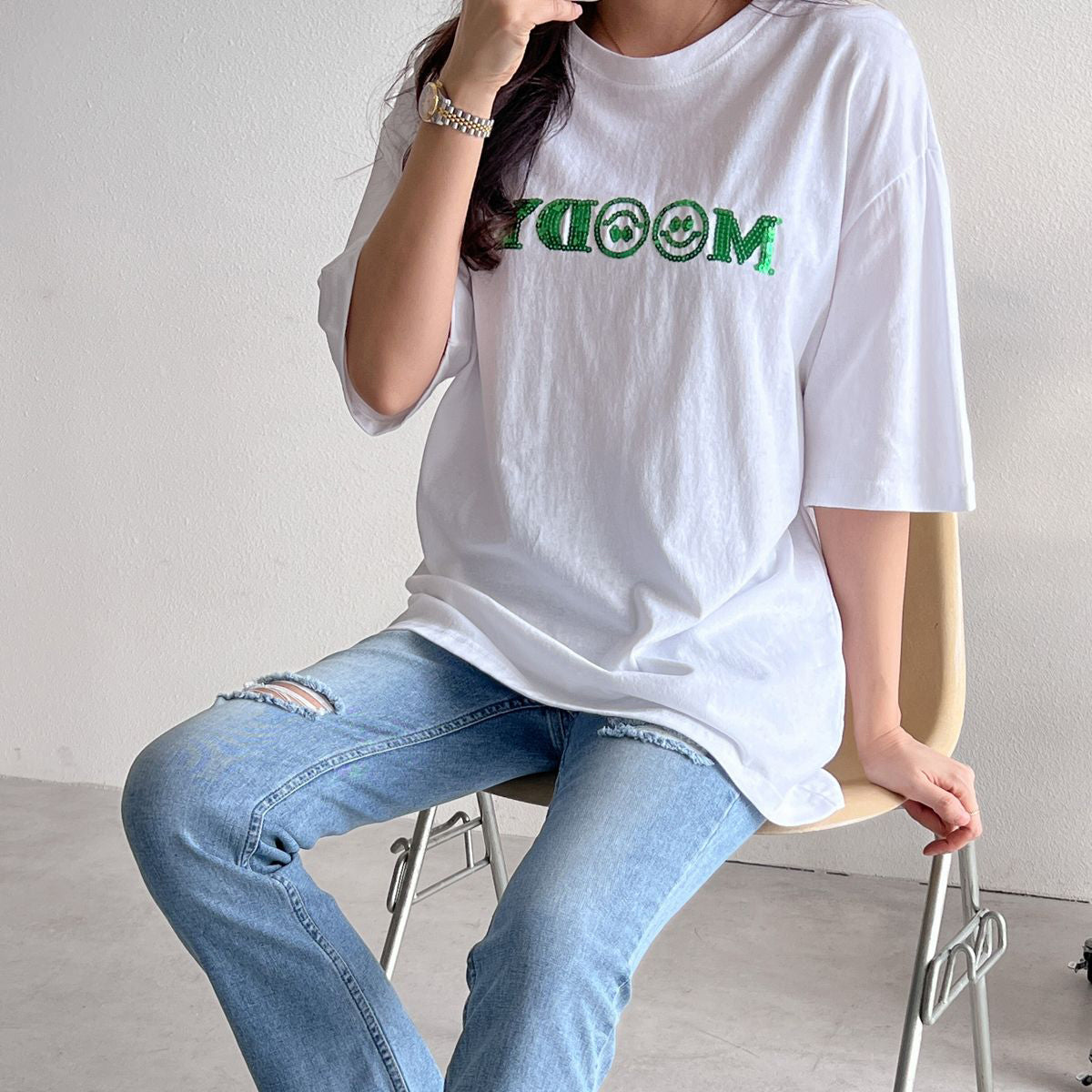 Tシャツ スマイル MOODY スパンコール