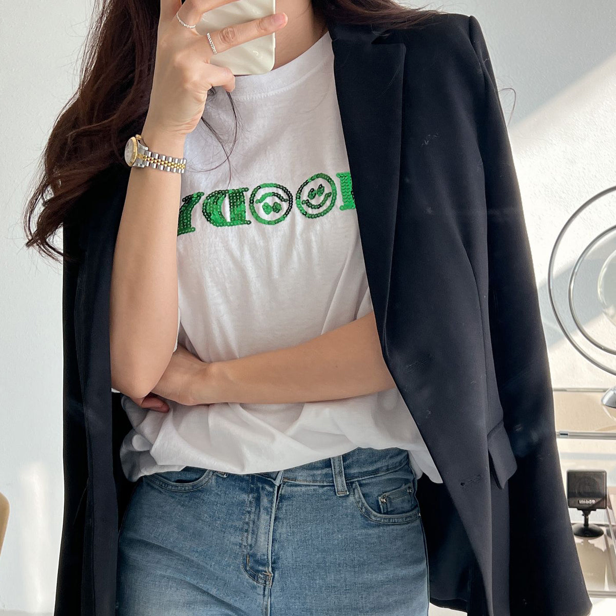 Tシャツ スマイル MOODY スパンコール