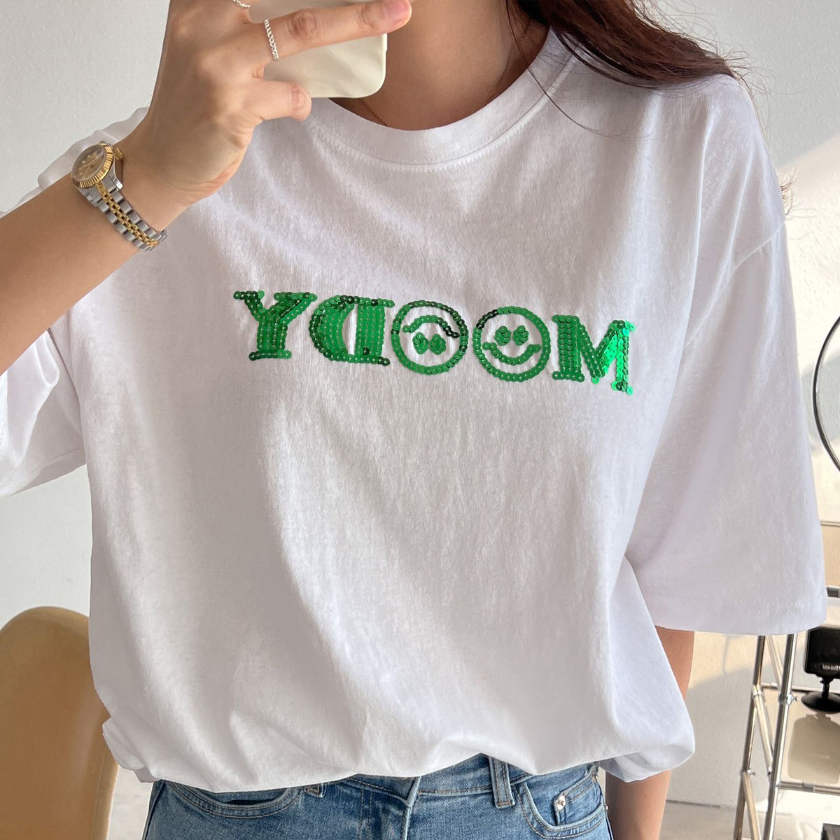 Tシャツ スマイル MOODY スパンコール