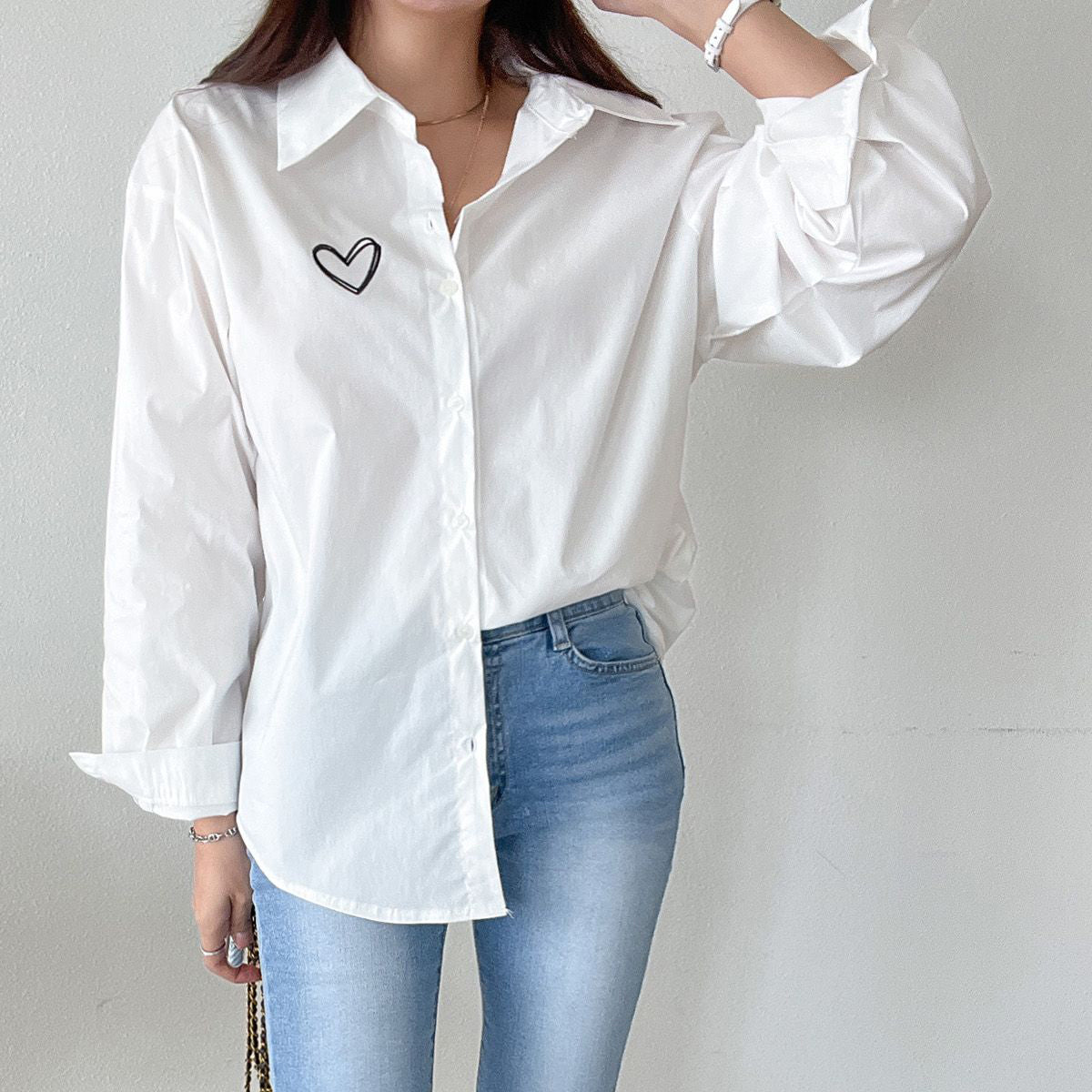 ハート刺繍 長袖シャツ【デイリープチプラ韓国ファッション通販